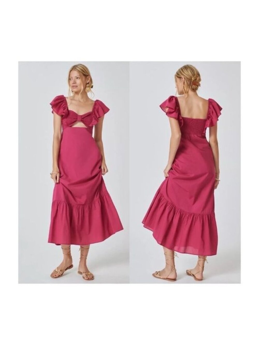 Farm‎ Rio x Anthropologie Ruffle Midi Dress Fuschia Smocked SMALL